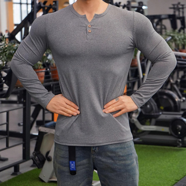 Men's Long Sleeve Henley Shirt with Textured Rib Design Lisslune