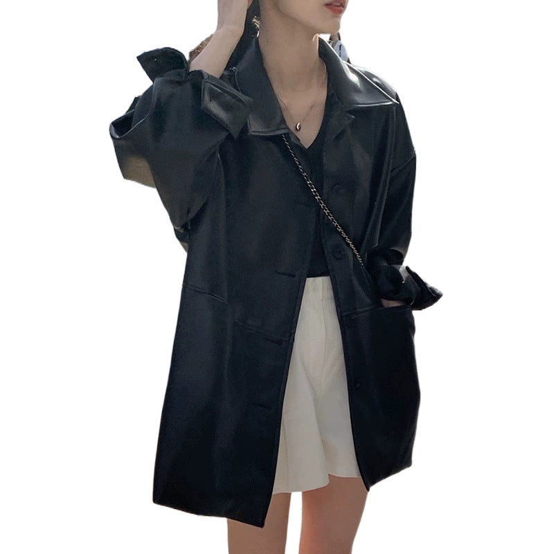 Women's fashionable long jacket made of high-quality artificial leather with practical pockets and a casual cut Lisslune