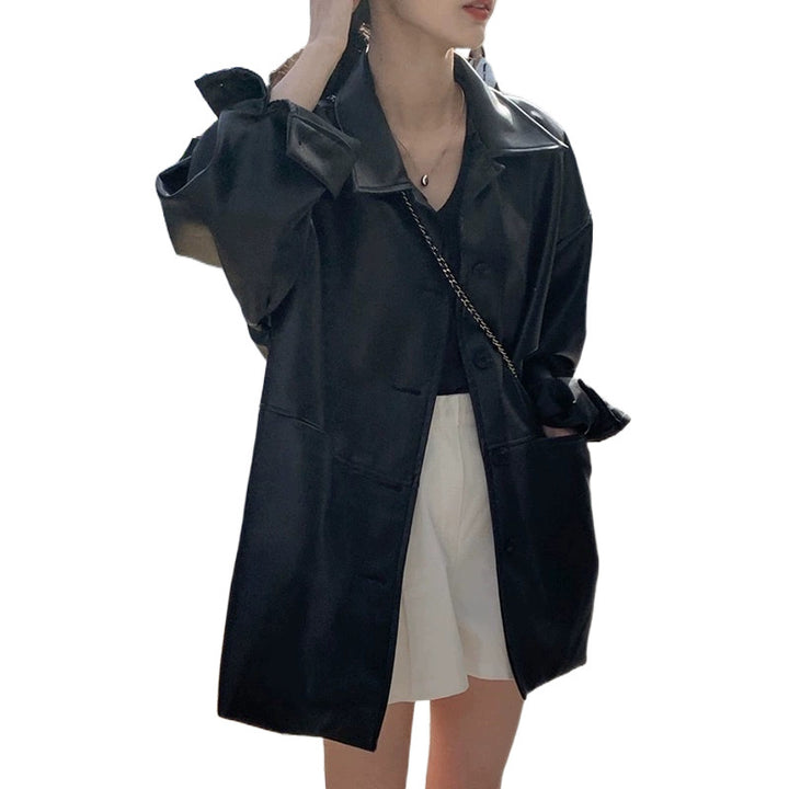 Women's fashionable long jacket made of high-quality artificial leather with practical pockets and a casual cut Lisslune