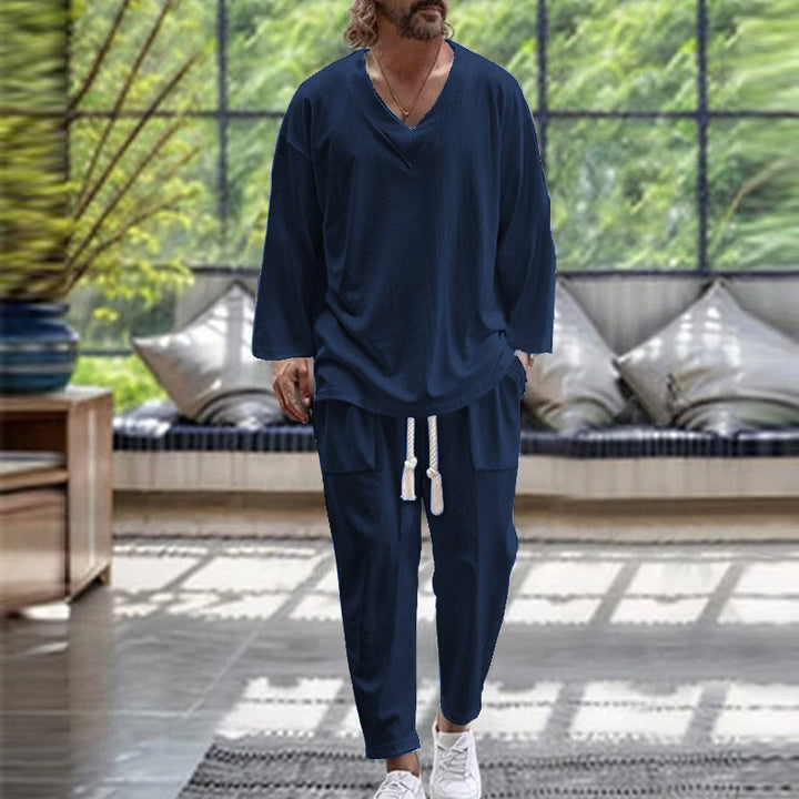 Men's Casual Lounge Set with V-Neck and Elastic Waistband Lisslune