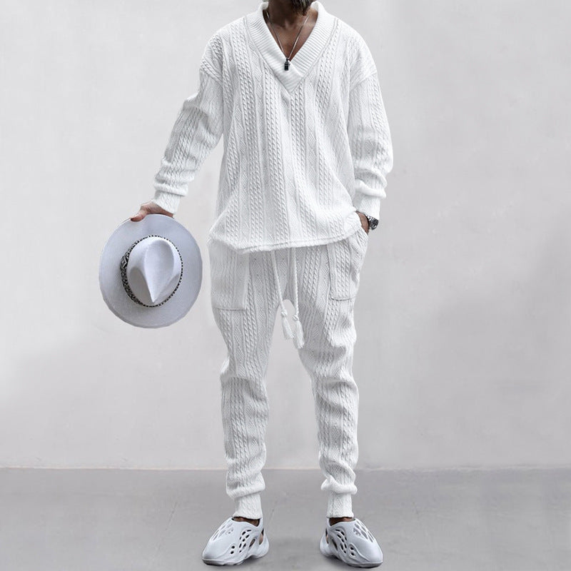 Men's casual knitted outfit with V-neck and elastic waistband Lisslune