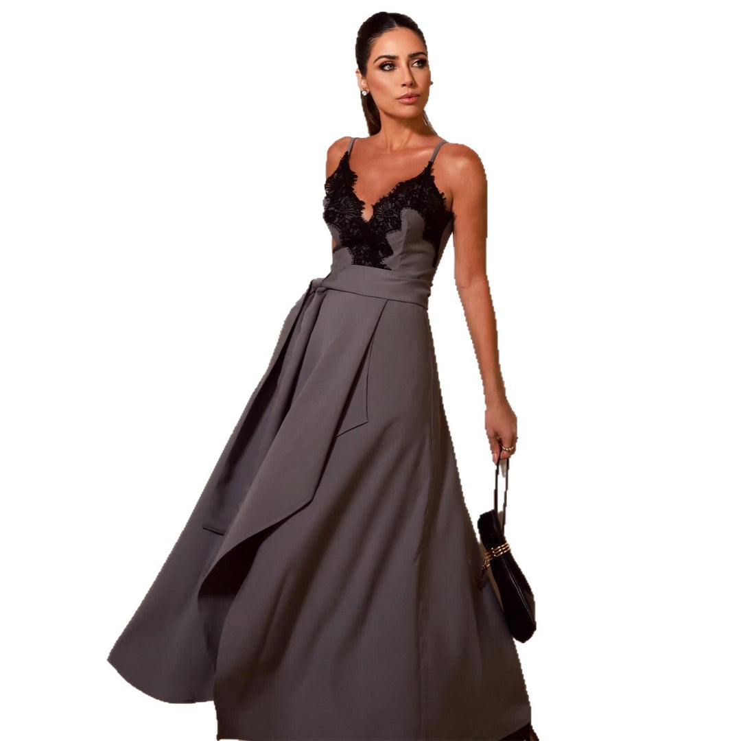 Women's Maxi Dress with Lace Trim and Side Slit Lisslune