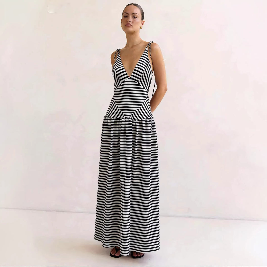 Women's maxi dress with deep V-neck and modern striped pattern Lune London