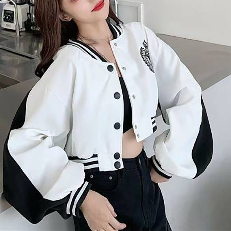 Women's casual college jacket with embroidered logo and contrasting sleeves