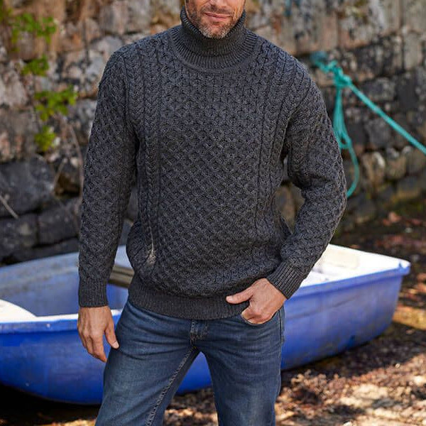 Men's knitted sweater with cable pattern and high collar Lisslune