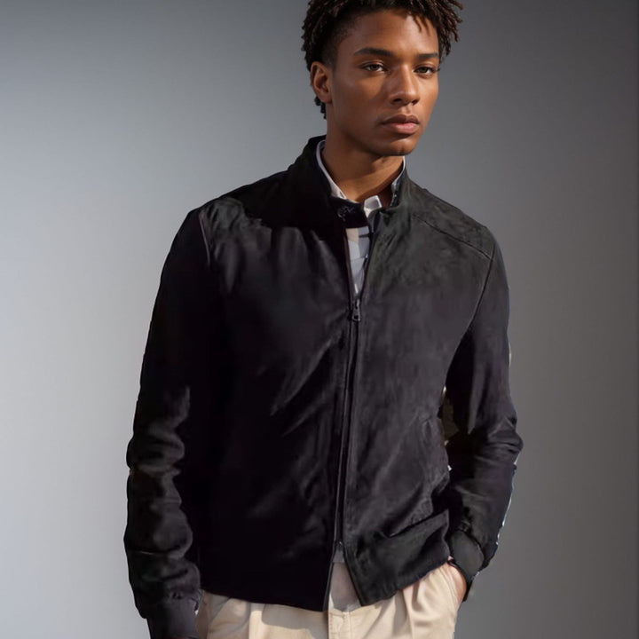 Men's casual suede jacket with stand-up collar and side zip pockets Lisslune