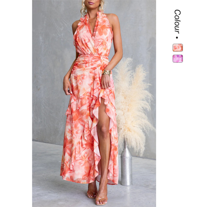 Women's maxi dress with flowing design and ruffle details