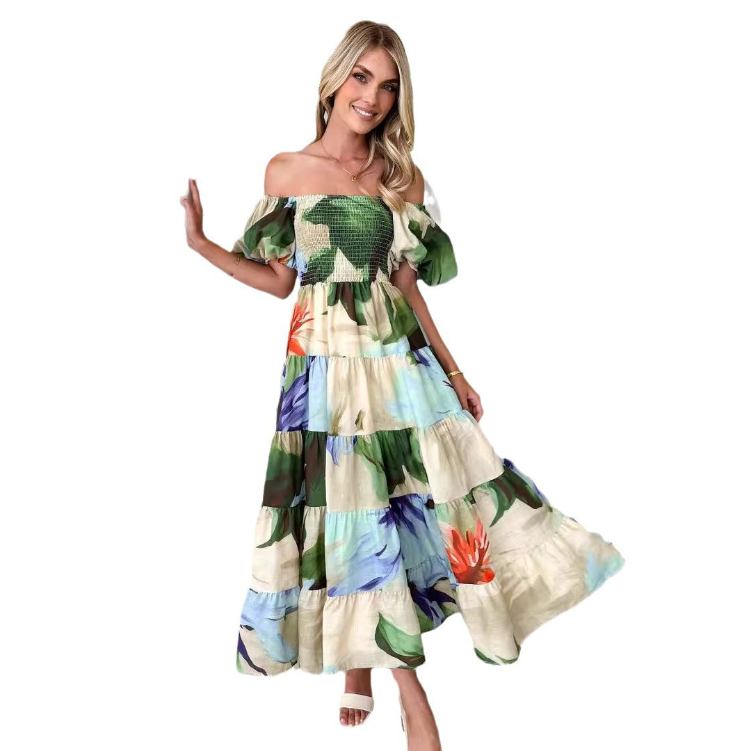 Women's maxi dress with puff sleeves and floral smocking