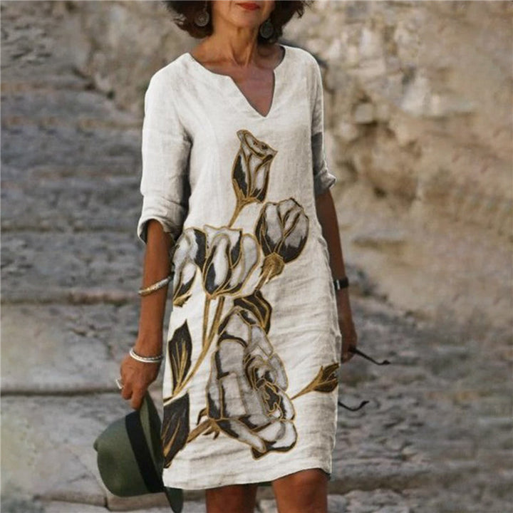Women’s casual dress with floral design and V-neck