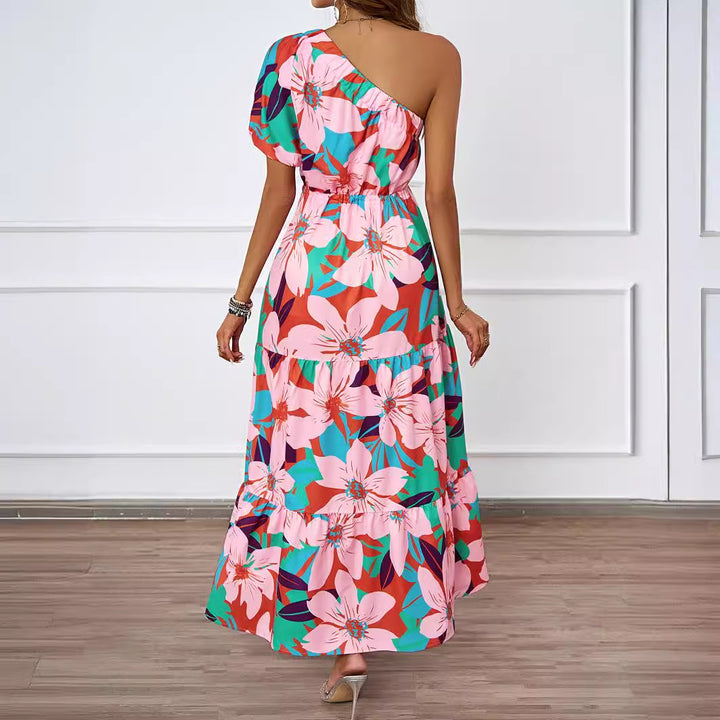 Women's maxi dress in asymmetrical design with floral pattern and wrap belt Lisslune