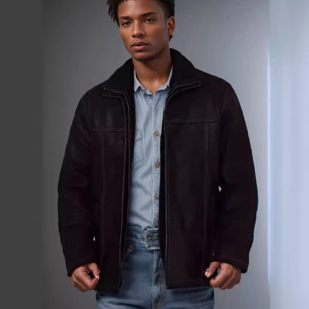 Men's Lambskin Jacket with Wide Collar and Practical Pockets Lisslune