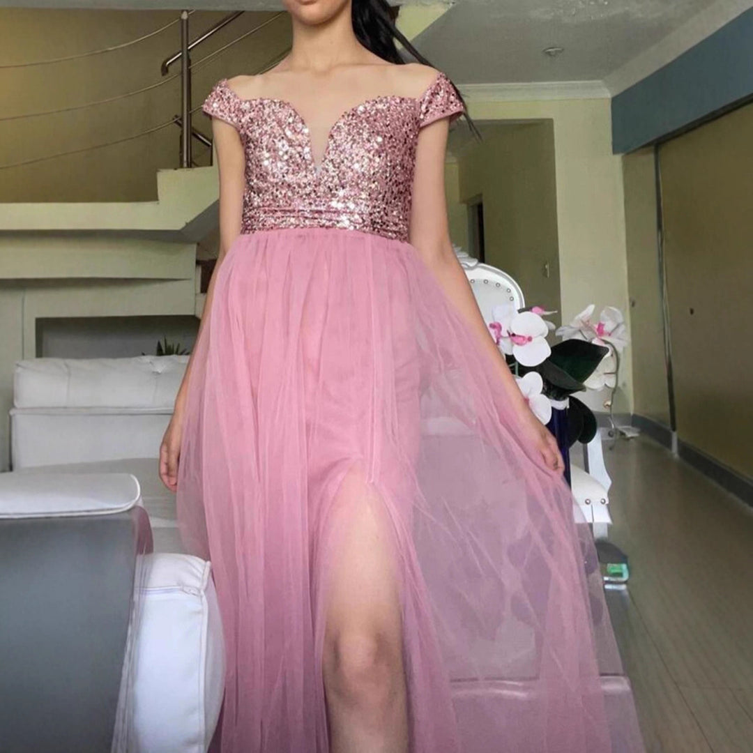 Women's Elegant Evening Dress with Off-Shoulder Look and Sparkling Embellishments