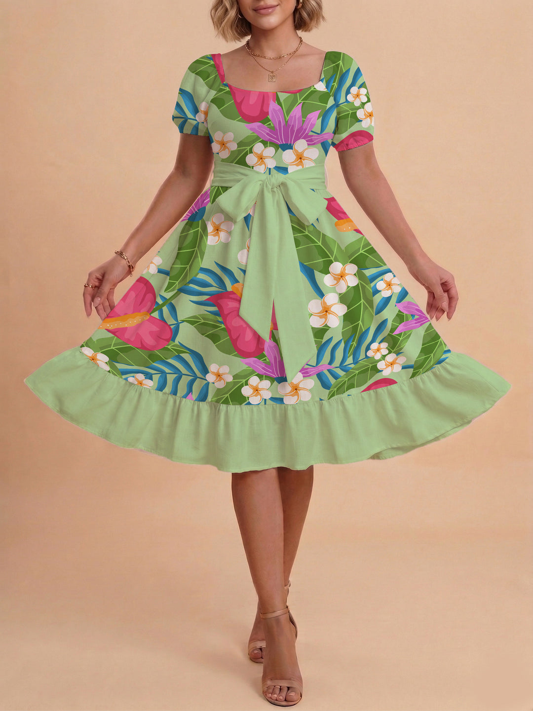 Women A-line dress with floral motifs and adjustable belt Lisslune