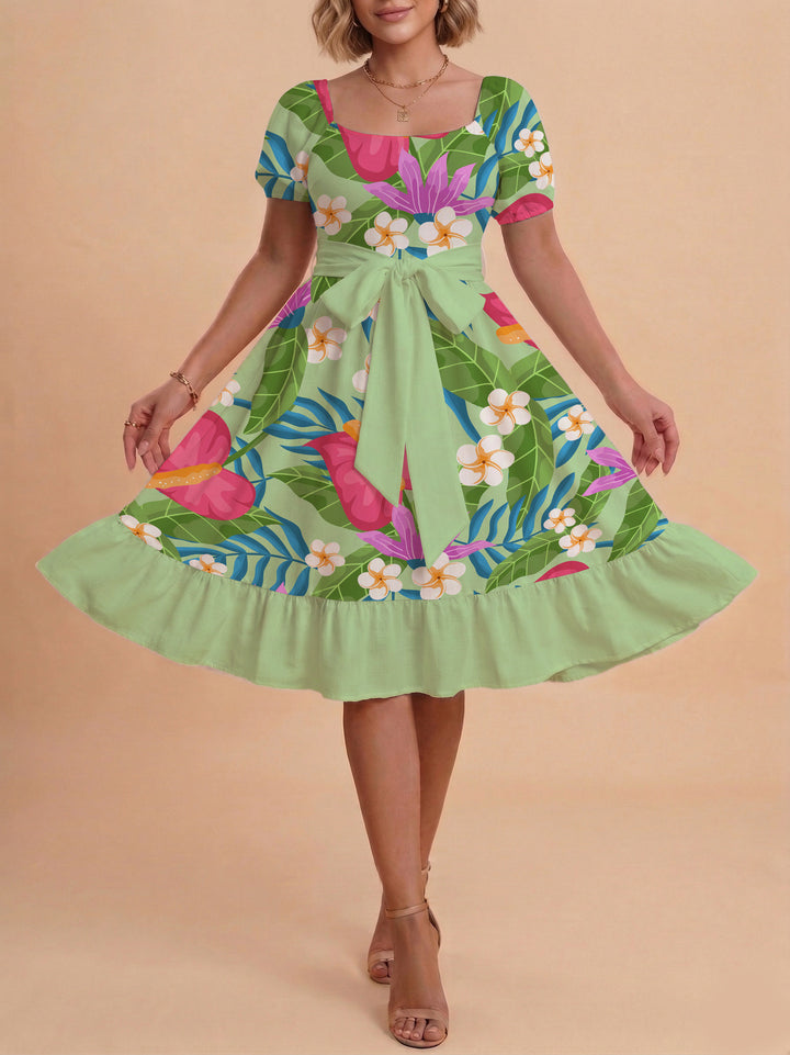 Women A-line dress with floral motifs and adjustable belt Lisslune