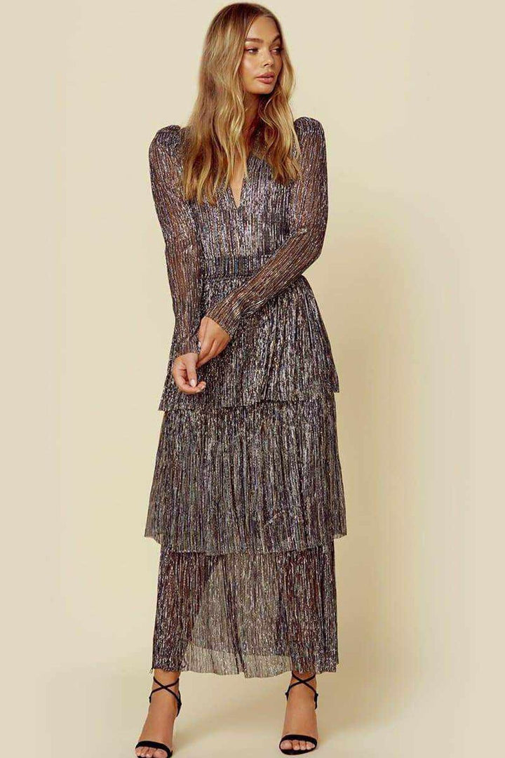 Women's Glamorous Evening Dress with Shimmering Layers and V-Neck