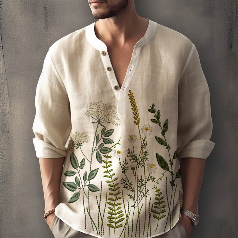 Men's linen shirt with elaborate plant embroidery Lisslune
