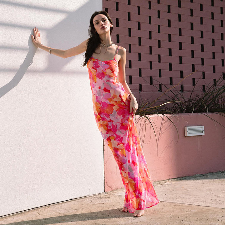 Women's maxi dress with floral pattern and narrow spaghetti straps