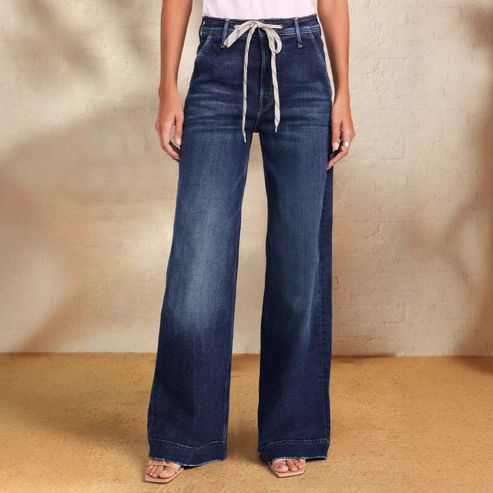 Women's wide-cut jeans with fashionable drawstring and elastic waistband