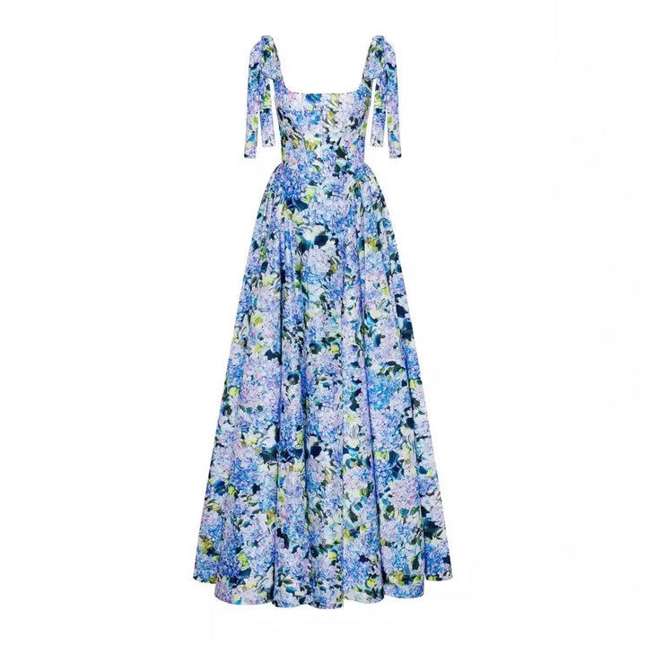 Women's Elegant Maxi Dress with Off-Shoulder Straps and Floral Print