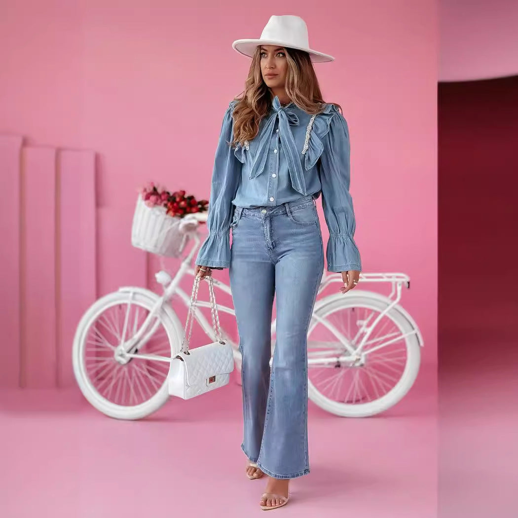 Ladies blouse shirt with ruffles and trendy collar Lisslune