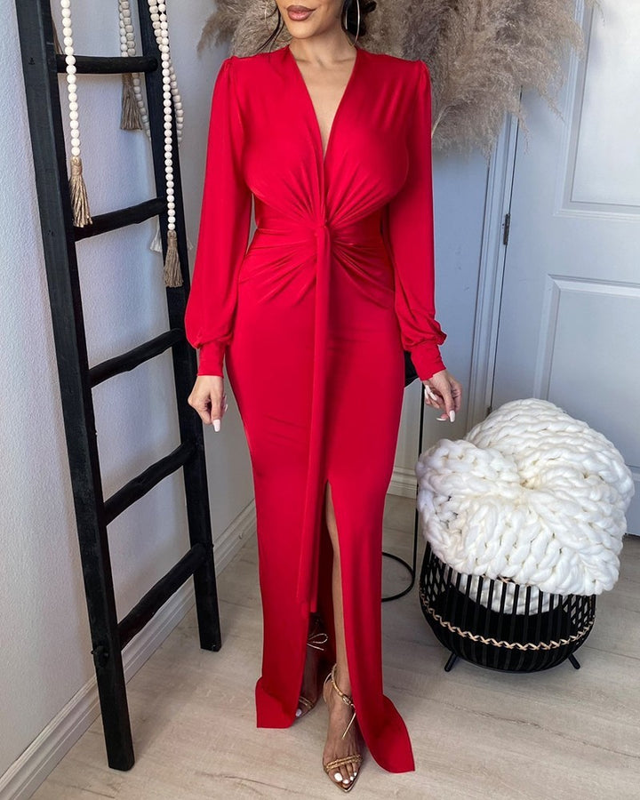 Women's Elegant Evening Dress with Deep V-Neck and Slit Lisslune