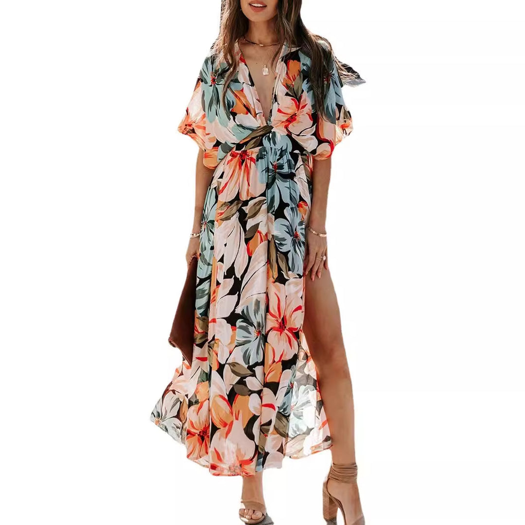 Women's maxi dress with floral wrap design and deep V-neck
