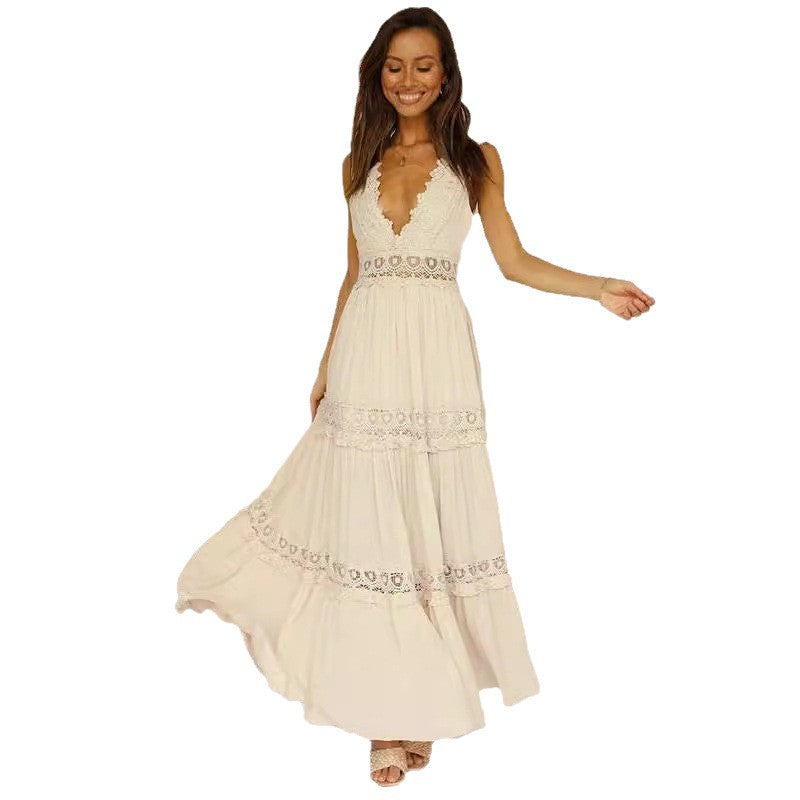 Women's elegant maxi dress with lace accents and low back part