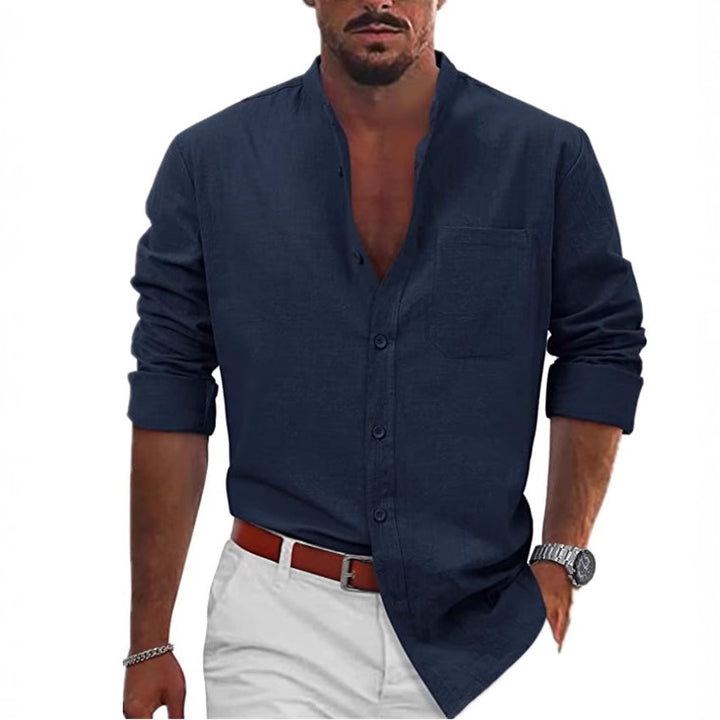 Men's casual linen shirt with classic V-neck and chest pocket Lisslune