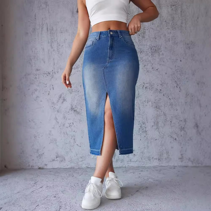 Women's denim midi skirt with high slit and tailored cut Lisslune