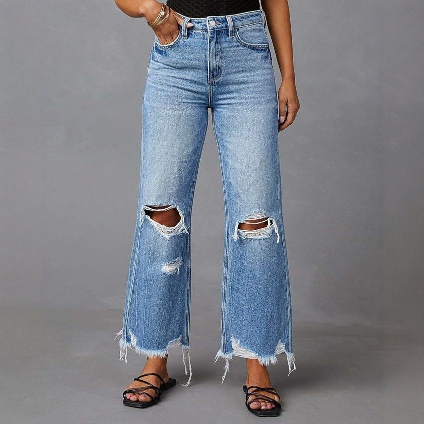 Women's Flared Jeans with stylish tear details and frayed hems Lisslune