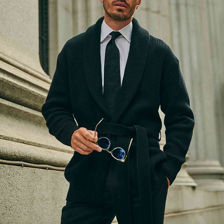 Men's stylish knit cardigan with belt and deep collar Lisslune