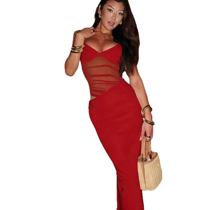Women's Elegant Maxi Dress with Transparent Top and Figure-Hugging Cut