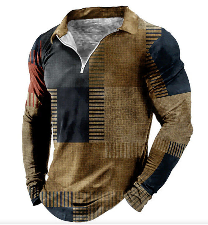 Men's Long Sleeve Polo Shirt with Fashionable Patchwork Design and Functional Zipper Lisslune