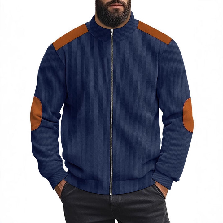 Men's cardigan with modern leather accents and high closed collar Lisslune