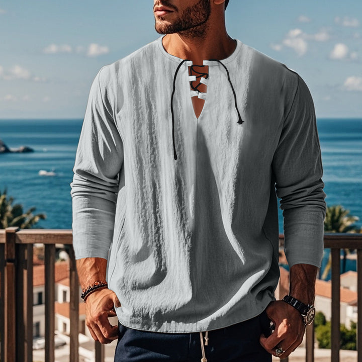Men's casual long-sleeve shirt with neckline and lacing Lisslune
