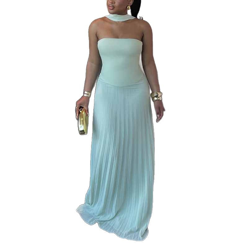 Women Pleated Maxi Dress with Elegant Shoulder Strap and Figure-Flattering Cut