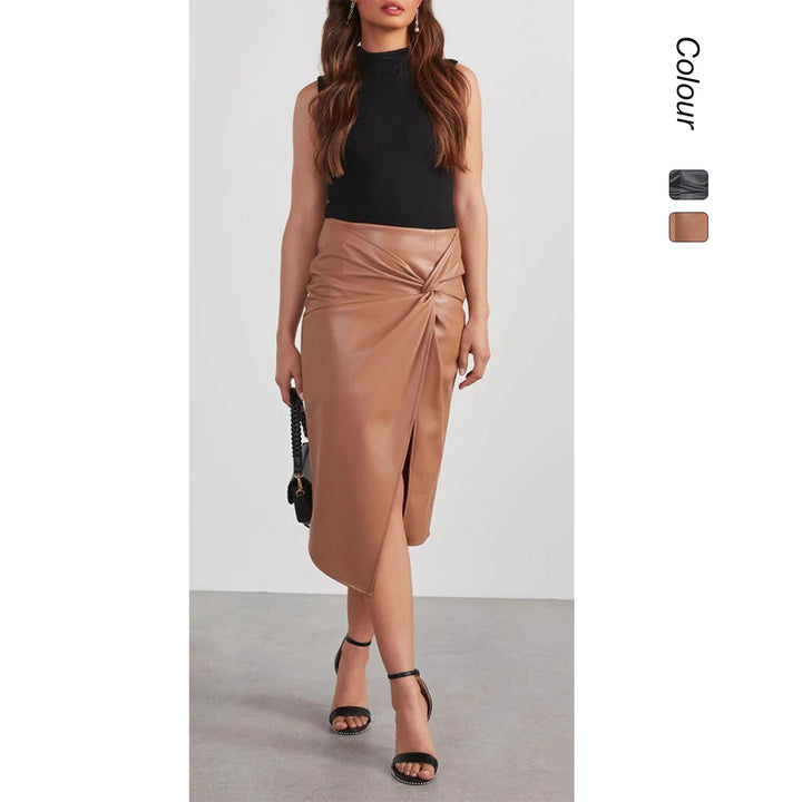 Women's synthetic leather skirt with asymmetrical cut and decorative knot Lune London