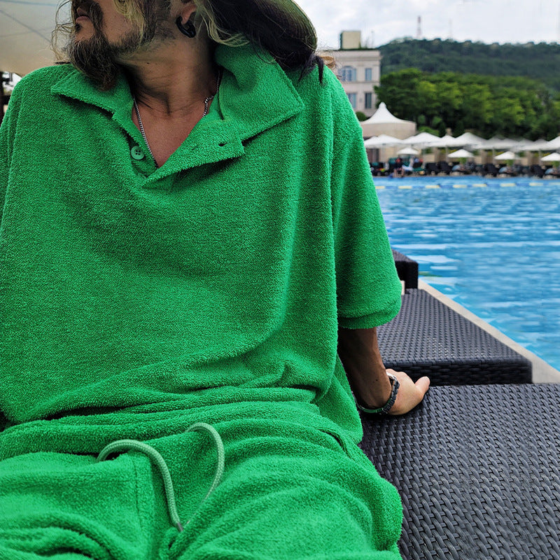 Men's casual oversized t-shirt and shorts combination with button placket and practical pockets Lisslune