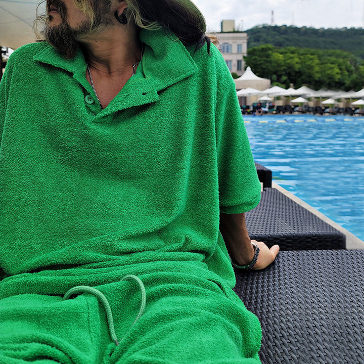 Men's casual oversized t-shirt and shorts combination with button placket and practical pockets Lisslune