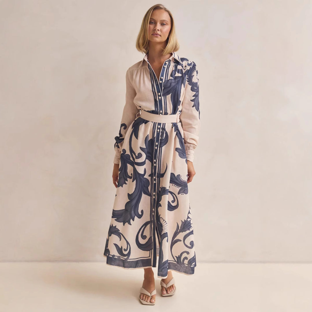 Ladies long sleeve shirt dress with floral accents and waist belt Lune London