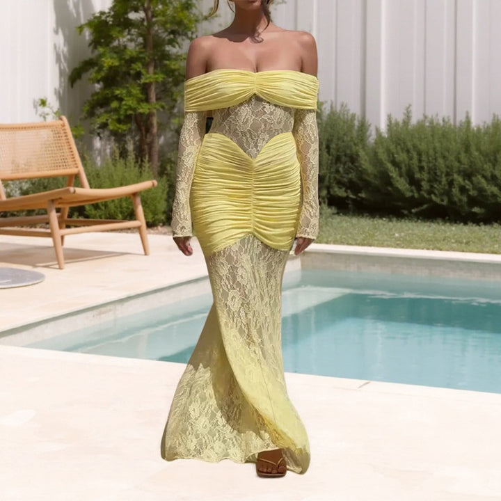 Women's maxi dress with chic ruching and off-shoulder design