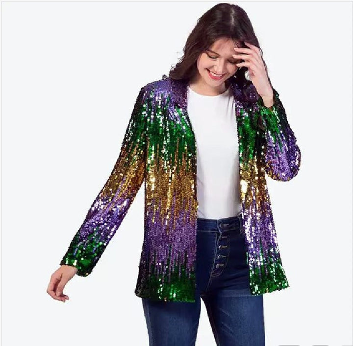 Women's Glittering Sequin Jacket with Open Cut and Long Sleeve Lisslune