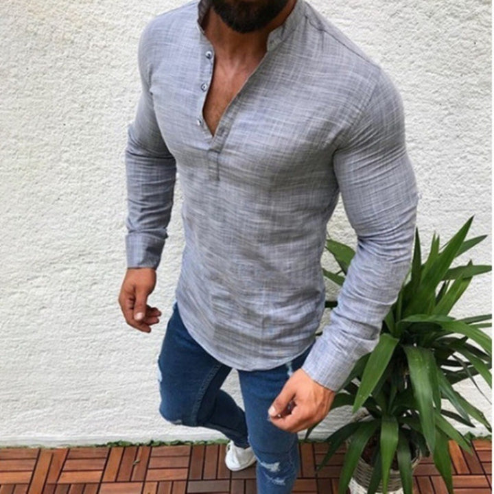 Men's Long Sleeve Shirt with Modern Stand Collar and Button Closure Lisslune