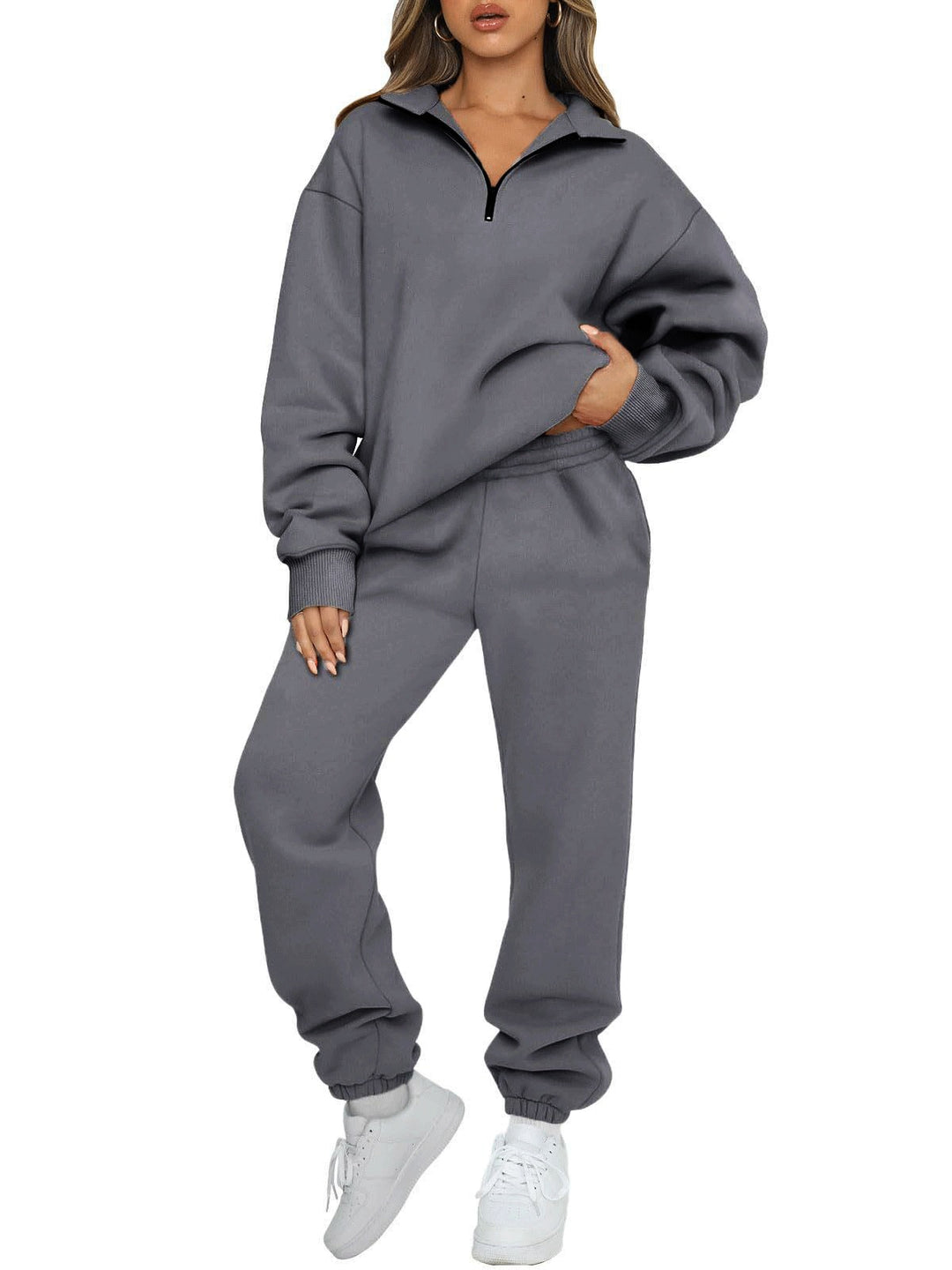 Women's comfortable sweatpants set with modern stand-up collar and kangaroo pocket Lisslune