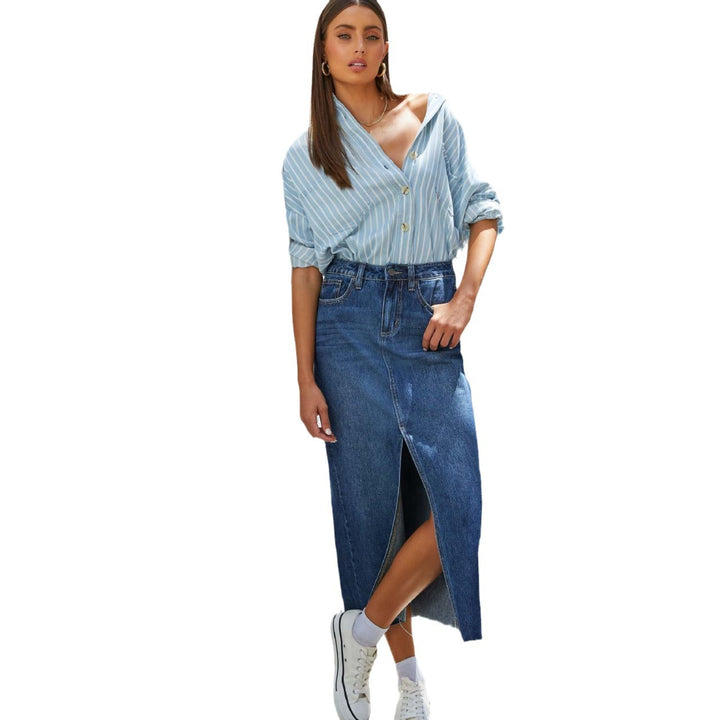 Women's high-cut denim mid skirt with side slit and frayed hems Lisslune