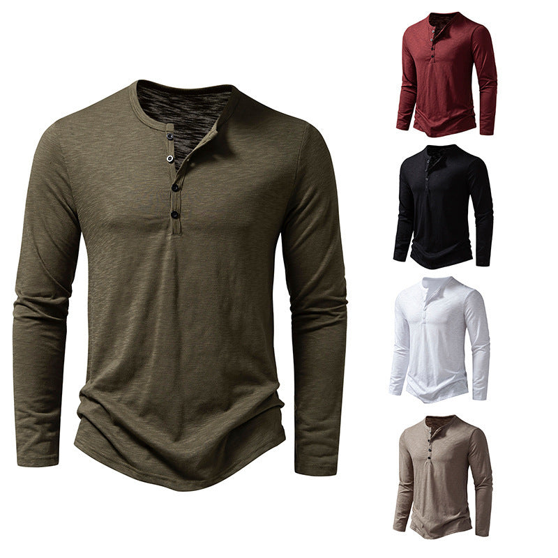 Men's Long Sleeve T-Shirt with Button Placket and Fashionable Stand-up Collar Lisslune