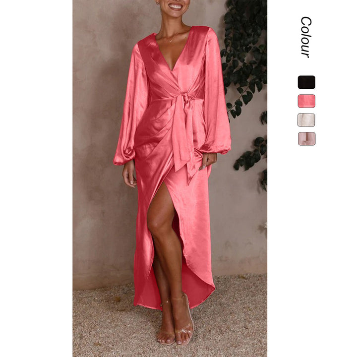 Women's satin wrap dress with elegant V-neckline and voluminous sleeves