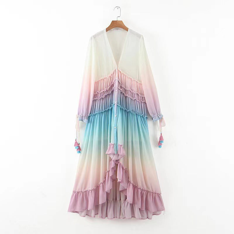 Women's maxi dress with ruffle details and elastic top