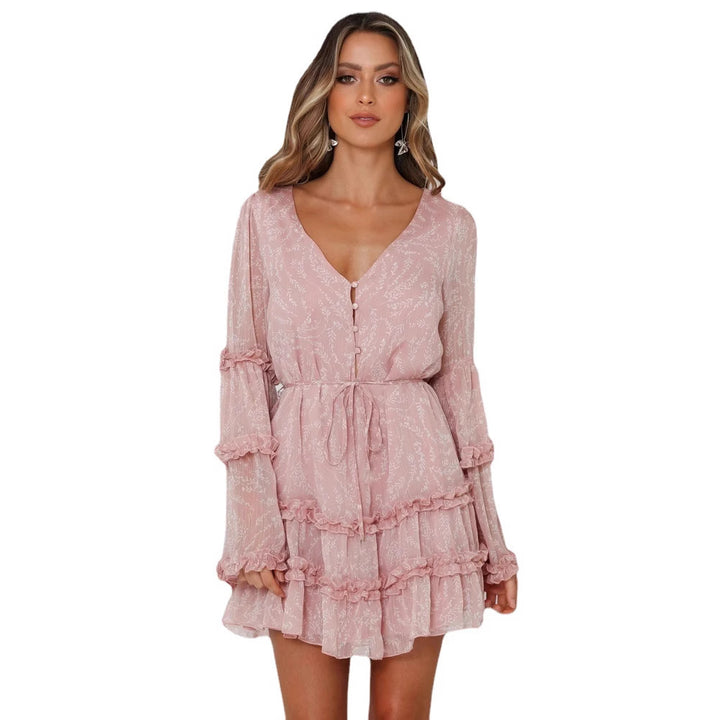 Women's ruffled dress with long, transparent sleeve and tie belt Lune London