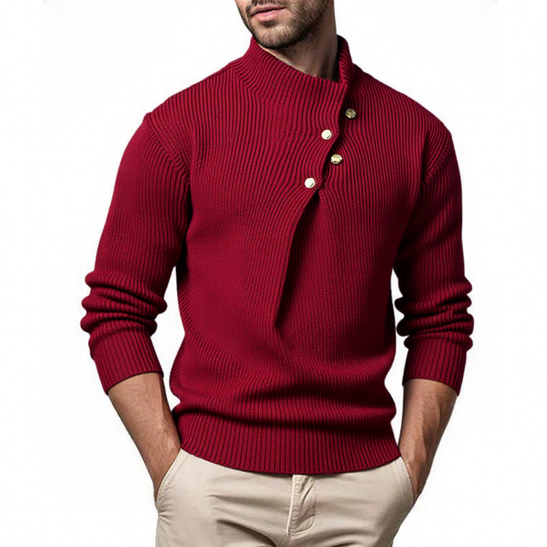 Men's fashionable knit sweater with stand-up collar and asymmetrical button placket Lisslune